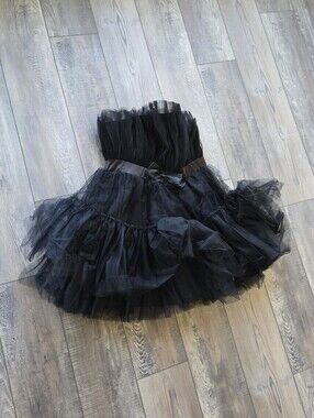 Black Tulle Ruffled Strapless Dress with Satin Waistband